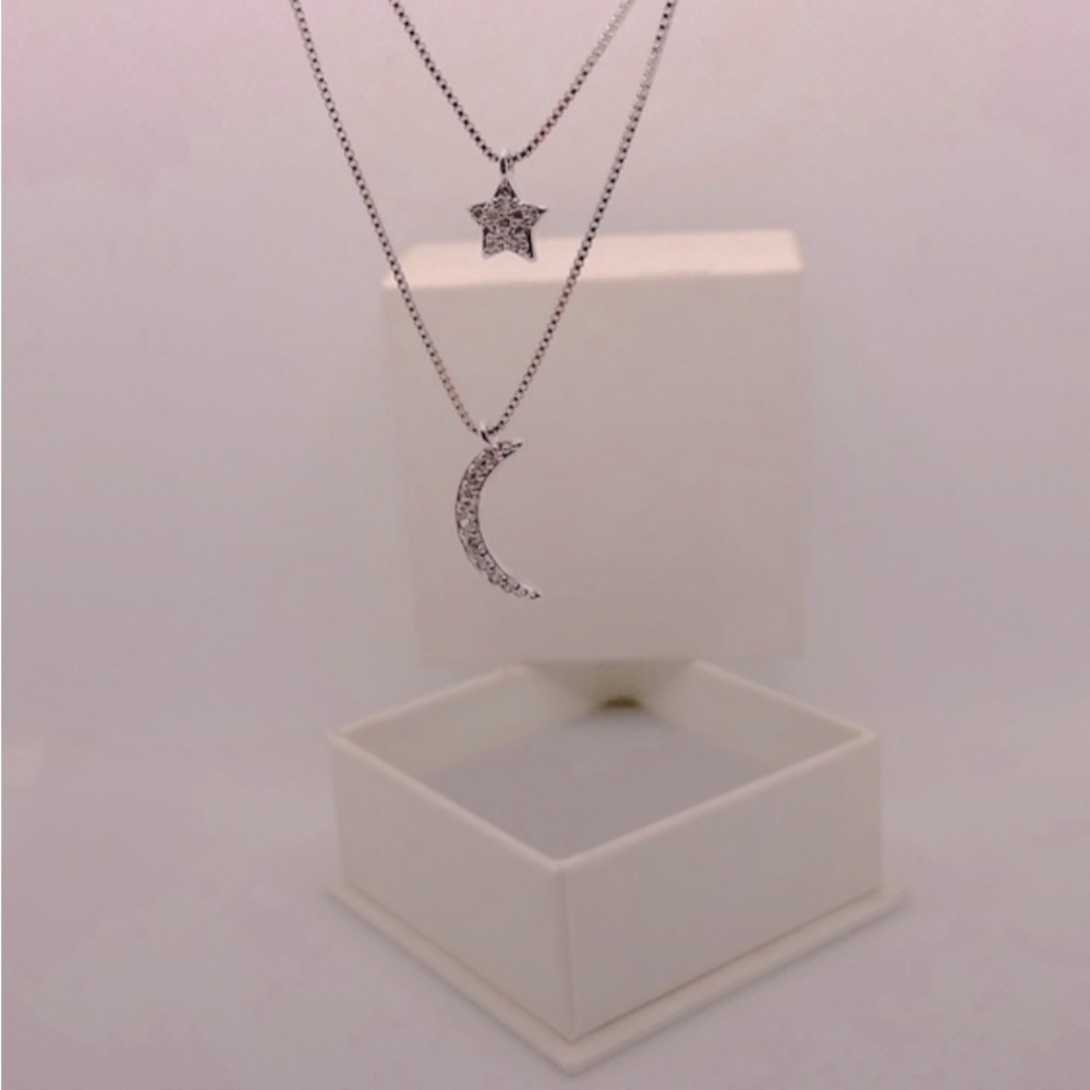 KWUNCCI S925 Silver CZ Star/Moon Pendant Necklace